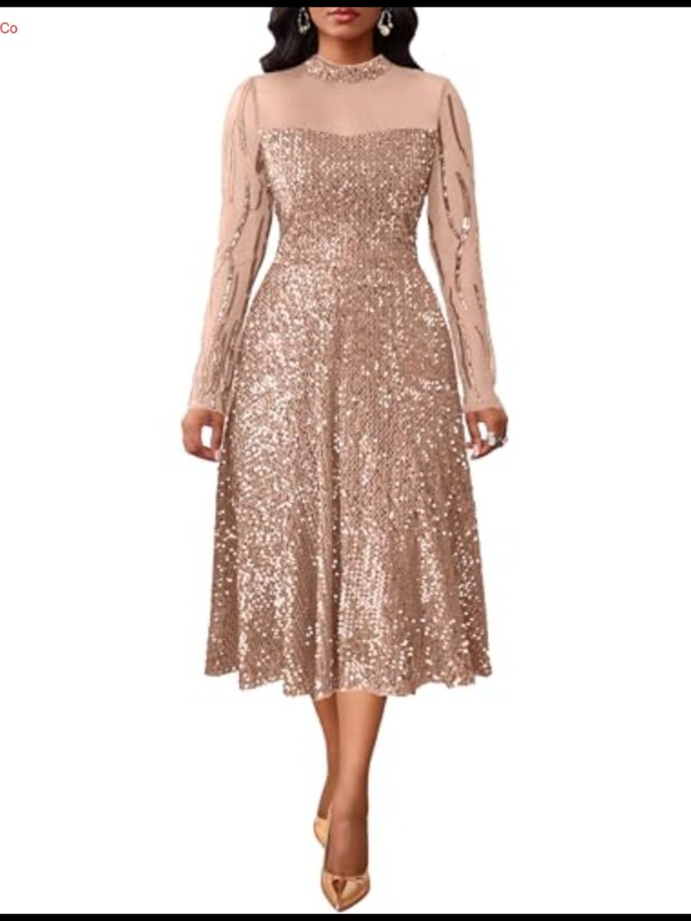 Sparkly Sequin Long Sleeve A Line Midi Prom Party Cocktail Dress
